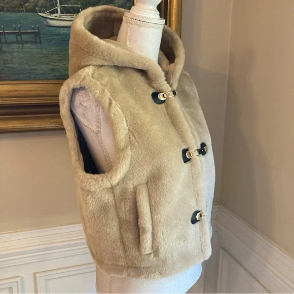 ZARA Tan Faux Shearling Fur Hooded Vest NWT - Picture 14 of 15